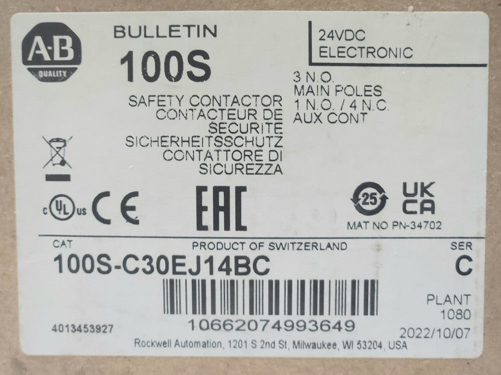 ALLEN BRADLEY 100S C30EJ14BC 24 VDC GUARD MASTER SAFETY CONTACTOR 3 Pole 1 NO 4
