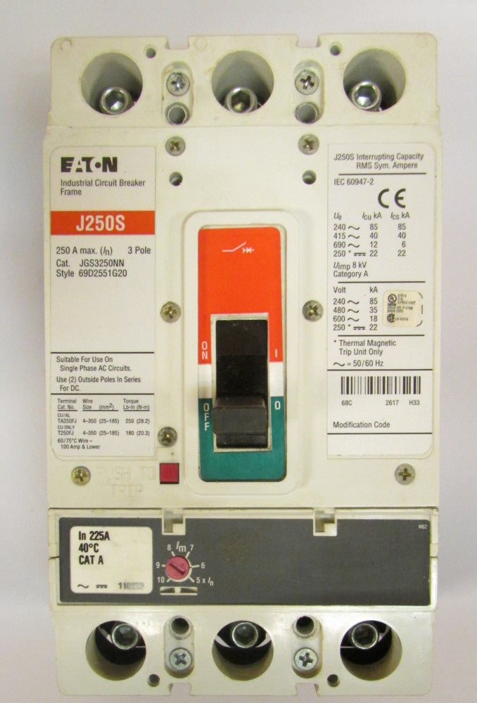 EATON CUTLER HAMMER JGS3225FAG 3 P 225 A J250S Circuit Breaker JGS3250NN