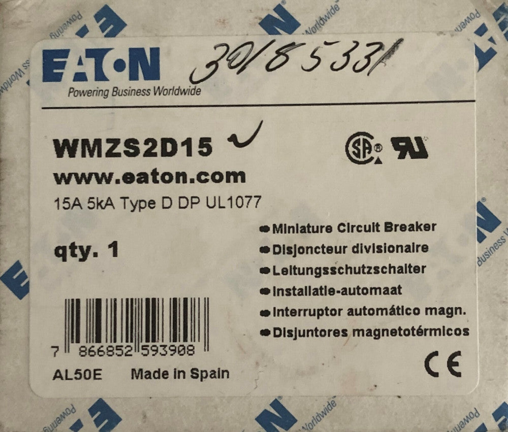 EATON WMZS2D15 2 Pole 15 AMP Type D DP Circuit Breaker