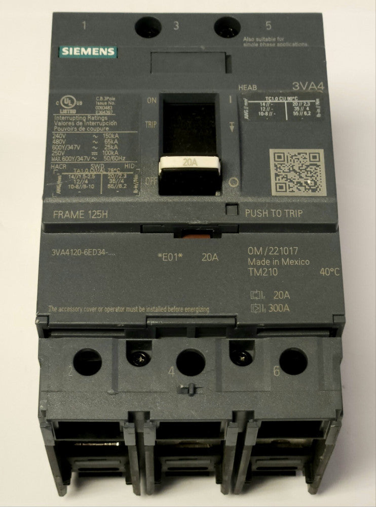 SIEMENS 3VA4120 6ED34 0AA0 3 Pole 20 AMP 3VA4 FRAME 125H