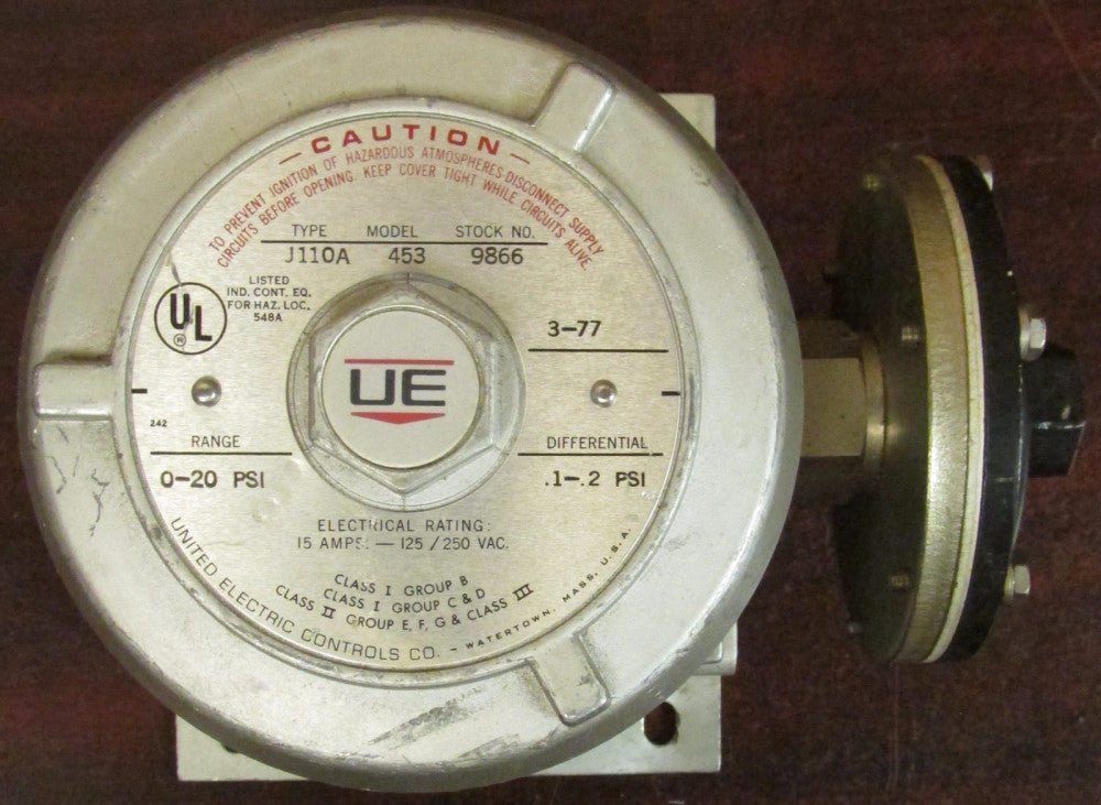 UNITED ELECTRIC J110A 453 9866 0-20 PSI 125 250VAC 15 Amp Pressure Switch