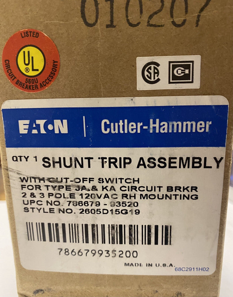 EATON CUTLER HAMMER 2605D15G19 KA JA LB 120 VAC Right Hand Shunt Trip WESTINGHO