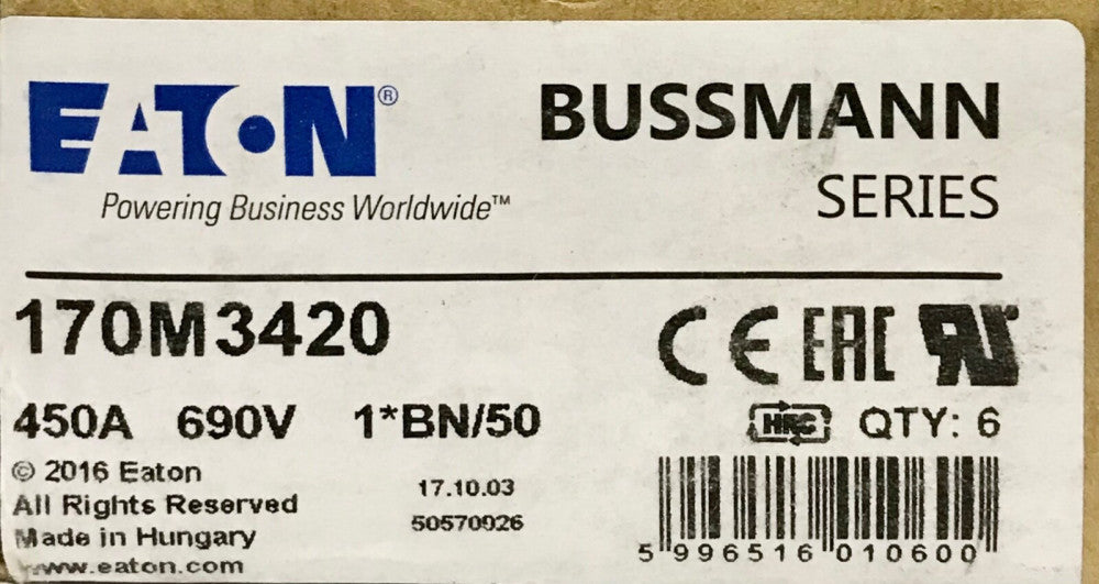 EATON BUSSMANN 170M3420 450 AMP 690 VAC Fuse IR700-200KA 171003 B3302 450A