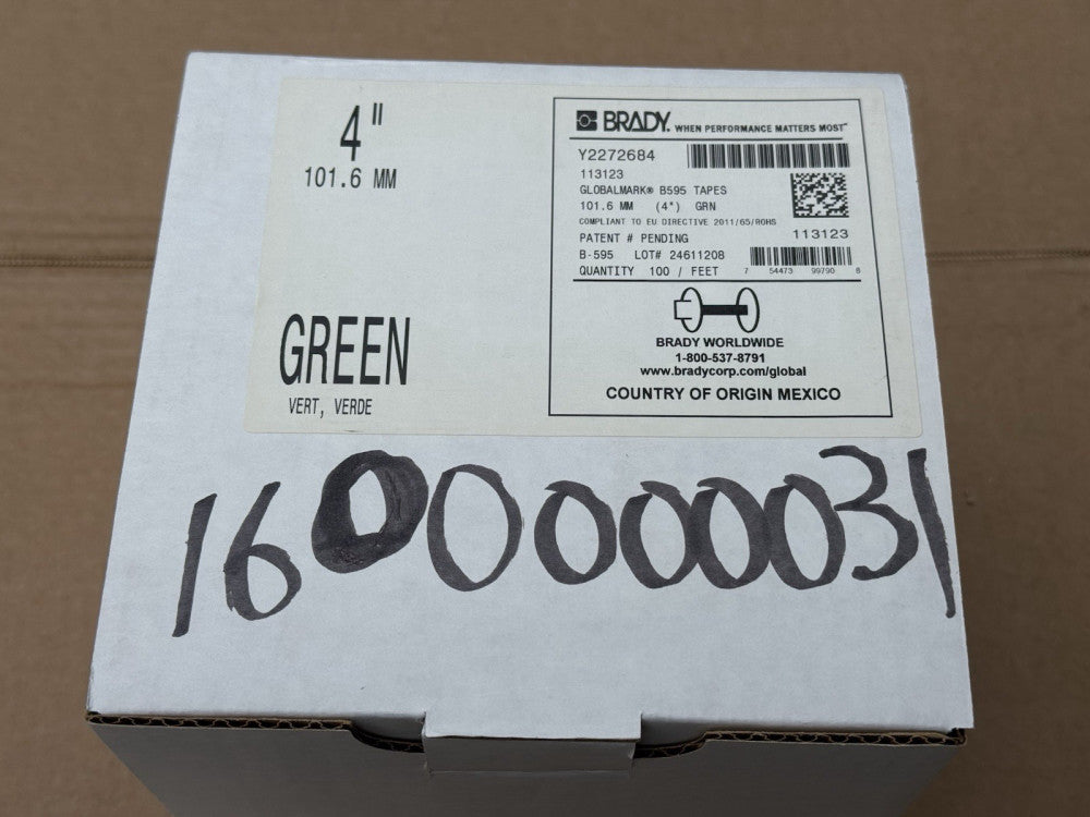 Brady 113123 Globalmark B595 Tape Vinyl Labels 4" x 100' Green - New