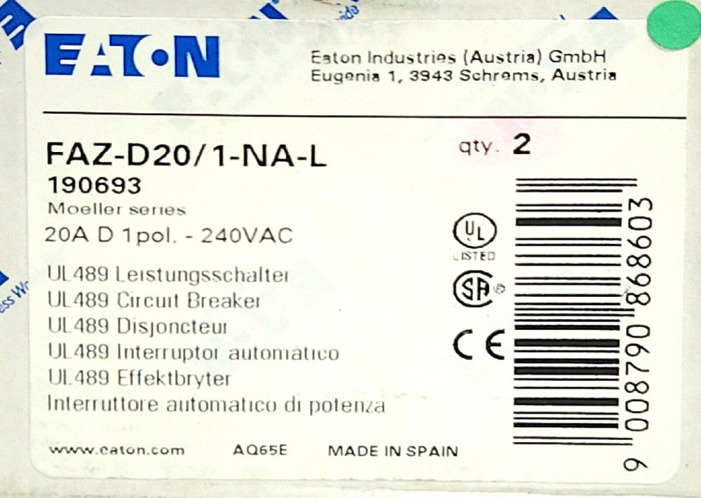 EATON MOELLER BOX OF 2 FAZ-D20/1-NA-L Single Pole 20 AMP 240 VAC Miniature