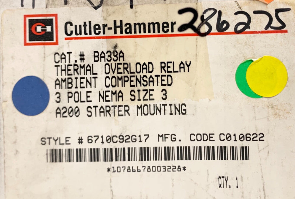 EATON CUTLER HAMMER BA33A Size 3 P200 Thermal Overload Relay Starter 6710C92G17