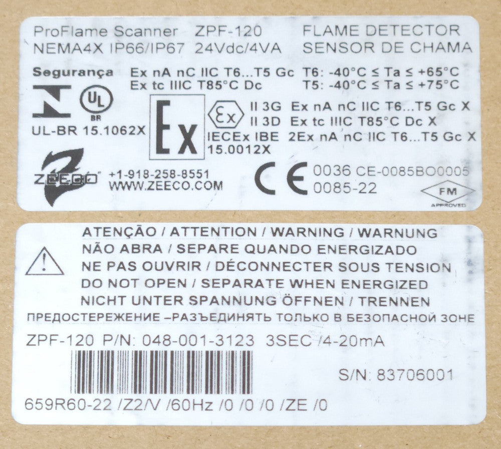 PROFLAME SCANNER ZPF 120 Flame Detector PRO FLAME 048 001 3123 3SEC 4-20mA ZPF