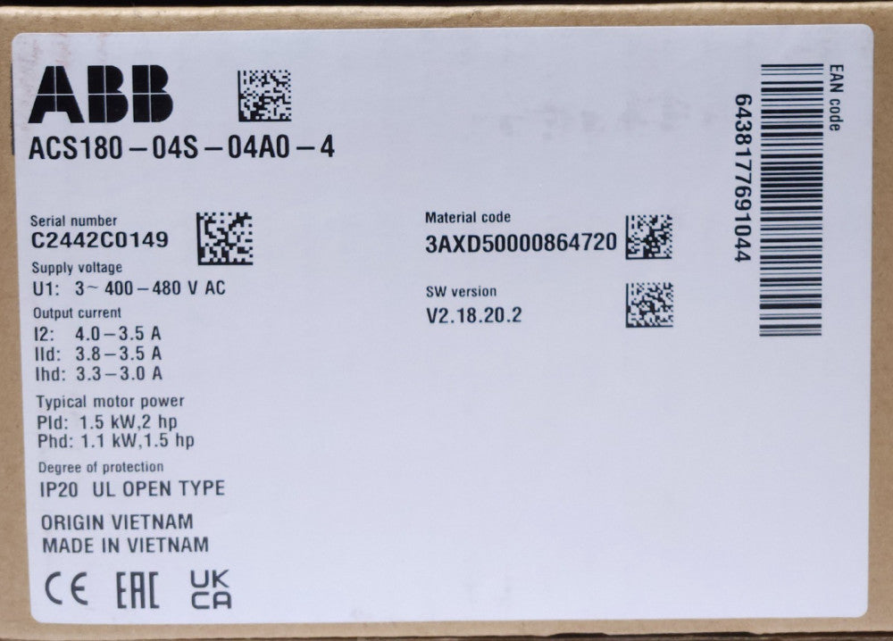 ABB ACS180 04S 04A0 4 Motor Drive Inverter 400-480 VAC 1.5-2 HP 1.1-1.5 KW 4 AMP