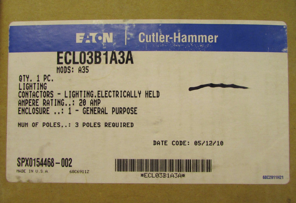 EATON CUTLER HAMMER ECL03B1A3A Mods: A35 Electrically Held Lighting Contactor