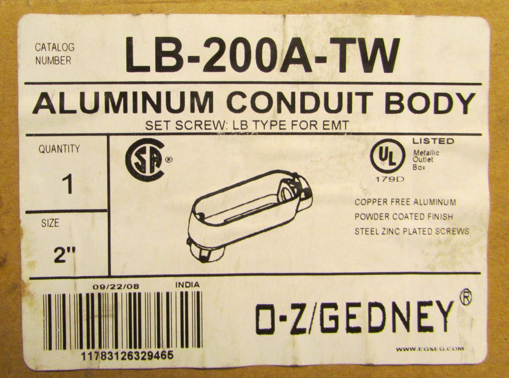 EGS O-Z GEDNEY LB 200A TW 2" Aluminum Conduit Body