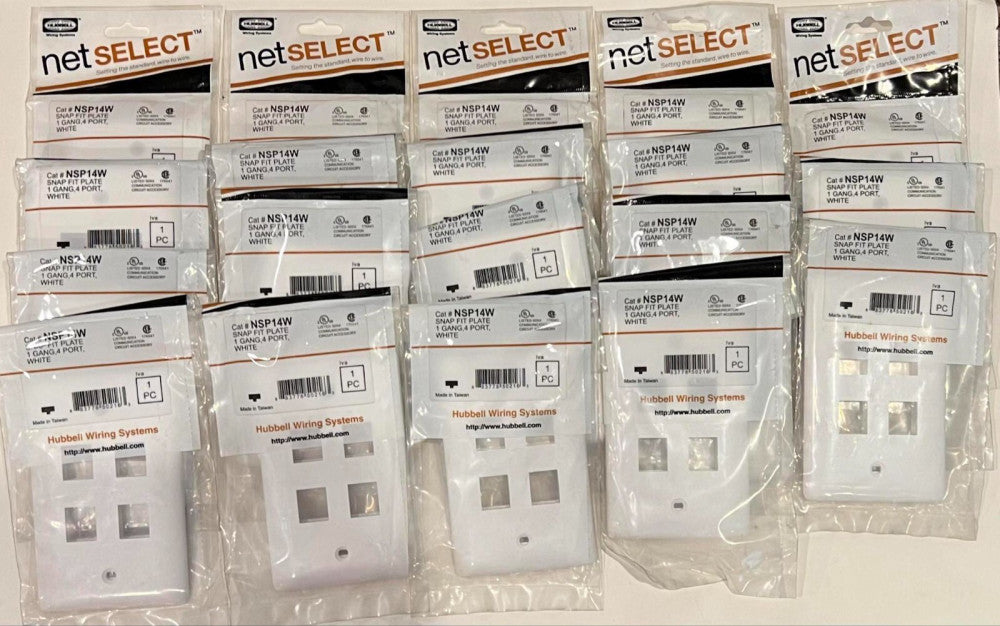 (LOT OF 19) HUBBELL NET SELECT NSP14W Snap Fit Plate 1 GANG 4 PORT WHITE