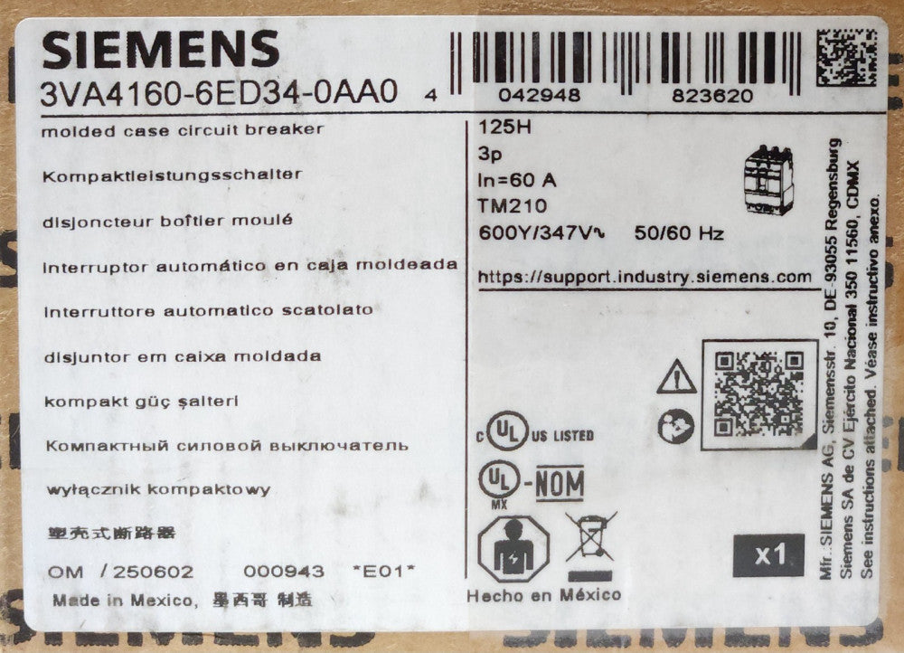 SIEMENS 3VA4160 6ED34 0AA0 3 Pole 60 AMP Type 3VA4 Circuit Breaker Frame 125H