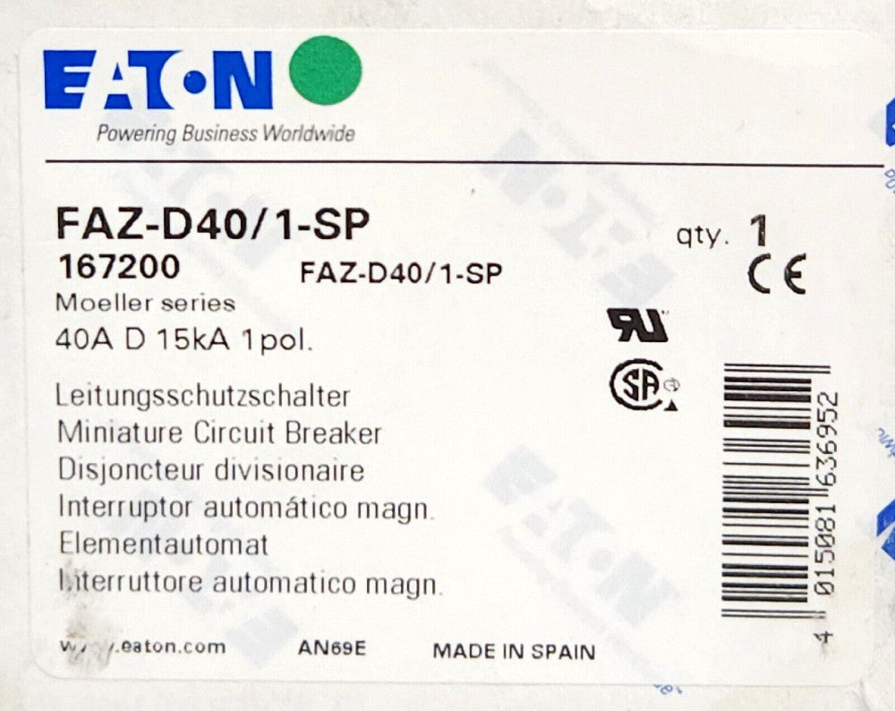 EATON MOELLER FAZ-D40/1-SP Single Pole 40 AMP 277 VAC Miniature Circuit Breaker