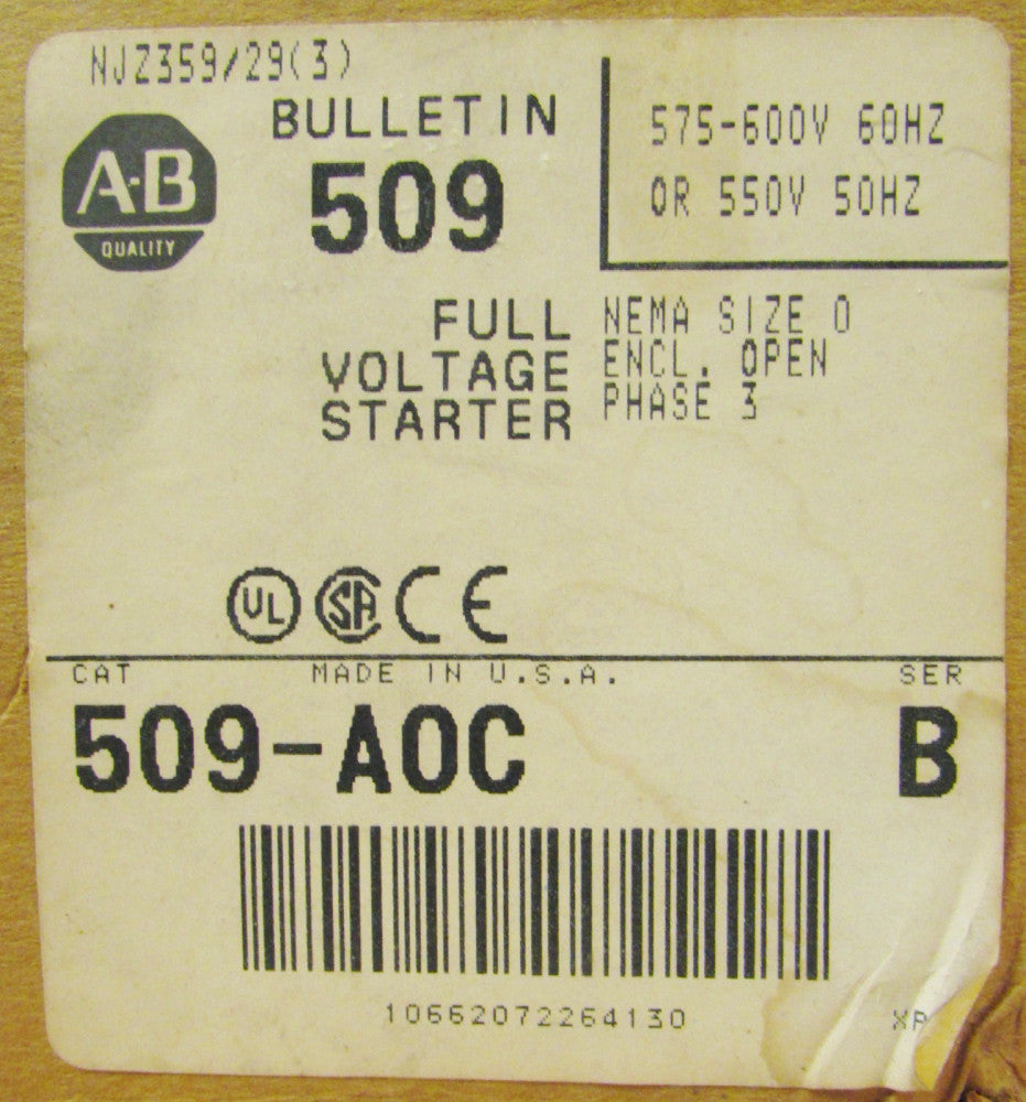 ALLEN BRADLEY Size 0 Starter 575- 600V 3 Pole 509 A0C