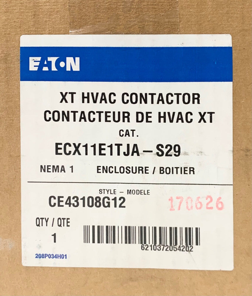 EATON ECX11E1TJA S29 XT HVAC Contactor 2 HP 120 VAC 9 AMP Nema 1 CE43108G12