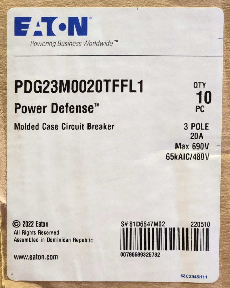 EATON PDG23M0020TFFL 3 Pole 20 AMP PDG23M0020TFF Power Defense PDG2 Circuit