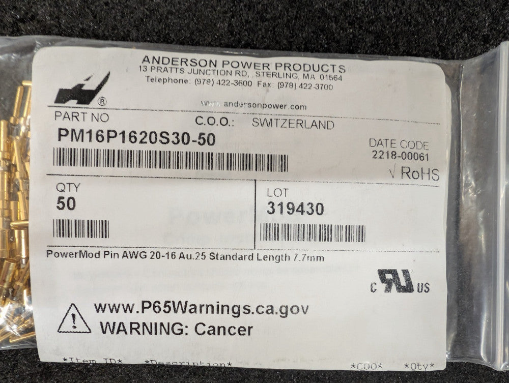 New, Anderson Power Products, PM16P1620S30-50, CONT PIN 16-20AWG STD 7.7MM-10pcs