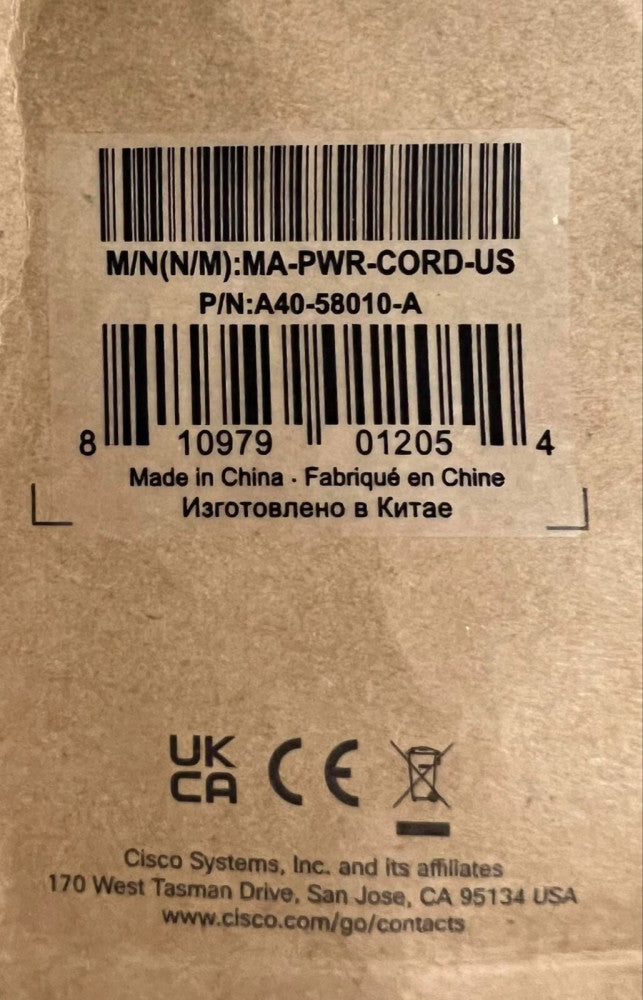 CISCO MERAKI P/N A40 58010 A Power Cord M/N (N/M) MA PWR CORD US