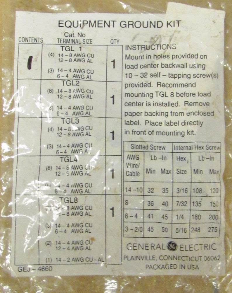GE GENERAL ELECTRIC GEJ-4660 TGL-1 Equipment Ground Bar Kit TGL 1