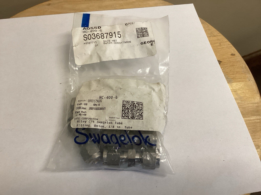 Alloy C-276 Swagelok HC-400-6. 1/4” Union. Pack Of 6 Fittings