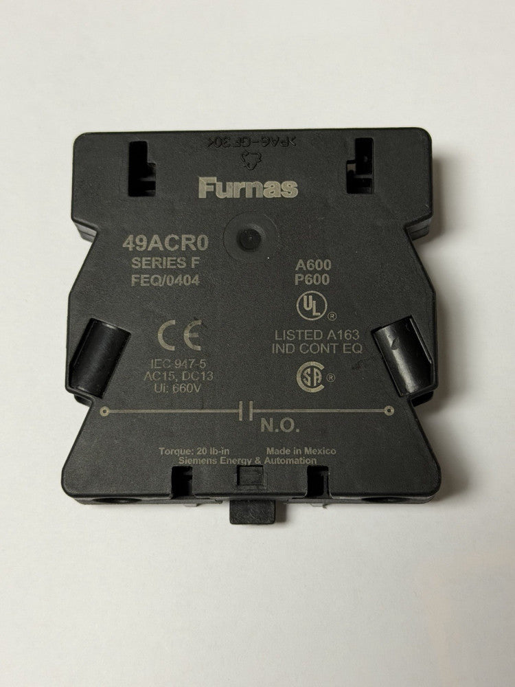 SIEMENS FURNAS 49ACR0 Auxiliary 1 NO FOR 25-60 A600 10 AMP 600 VAC