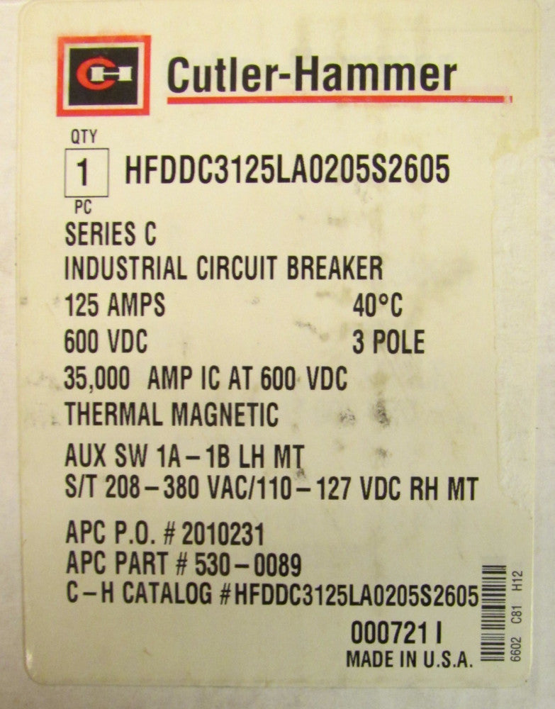 CUTLER HAMMER HFD-DC Breaker 3P 125A 1A 1B Aux Shunt Trip HFDDC3125LA0205S2605