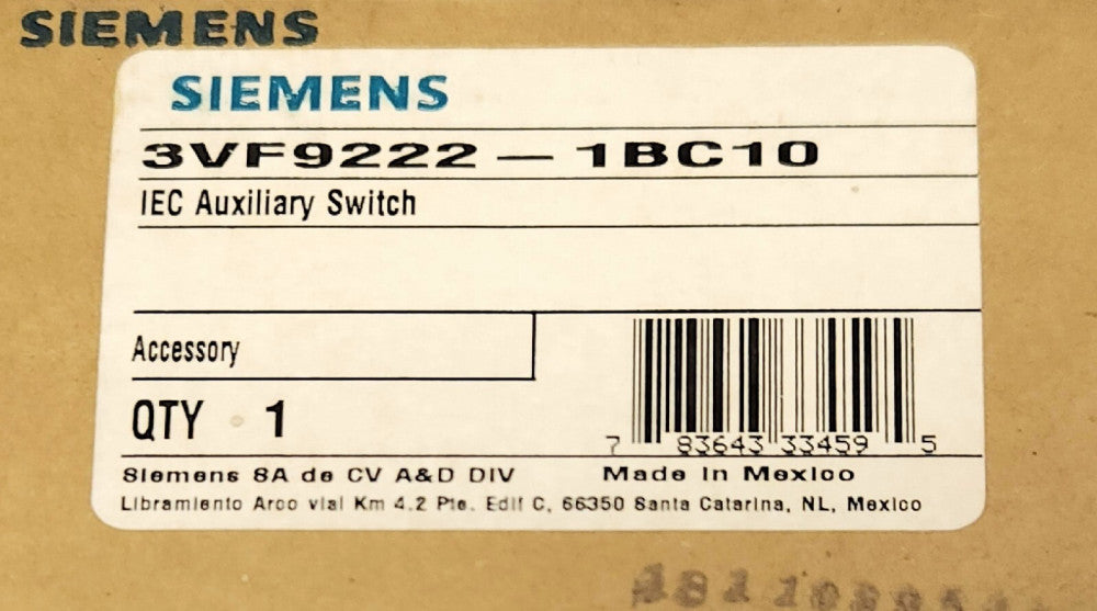SIEMENS 3VF9222 1BC10 IEC 947-2 Type 3VF2 Breaker Auxiliary Switch 1 NO 1 NC