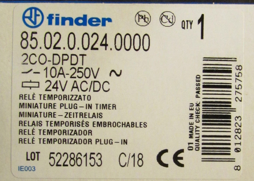 FINDER 85 02 0 024 0000 2C0-DPDT 10Amp 24VAC DC Timer Timing Relay Multifunction