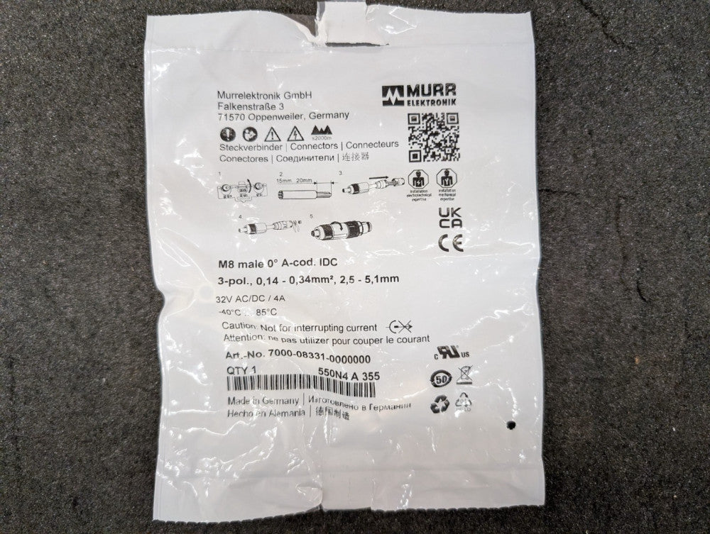 New, Murr Elektronik, 7000-08331-0000000, MOSA M8 MALE 0 FIELD-WIREABLE (IDC)