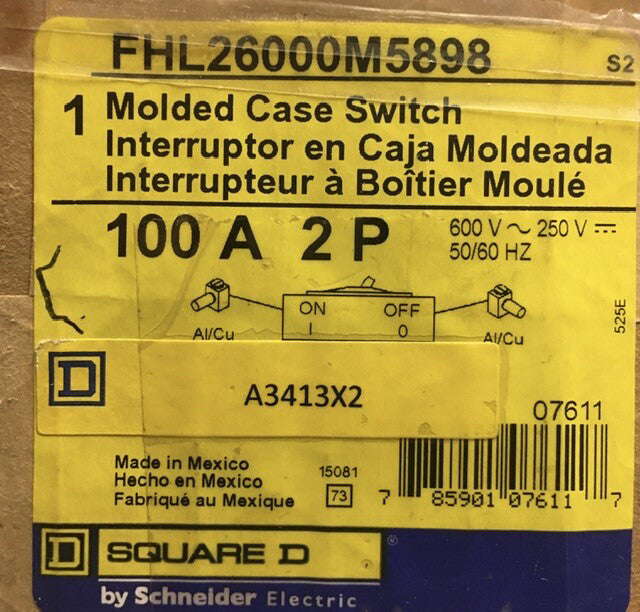 SQUARE D FHL26000M5898 2 Pole 100AMP FH 100 A Type FHL Molded Case Switch