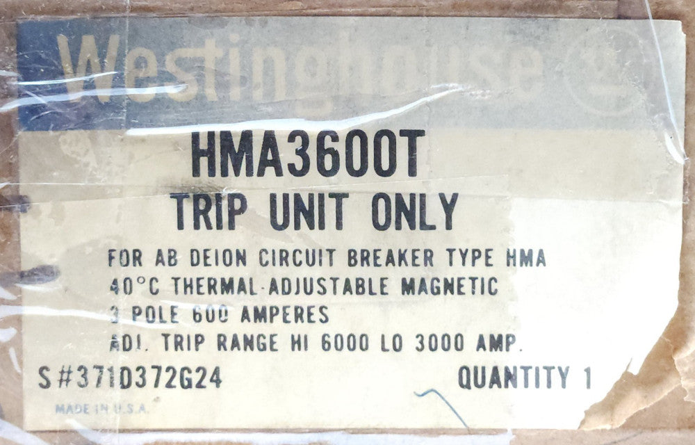 WESTINGHOUSE CUTLER HAMMER HMA3600T 3 Pole 600 AMP Type MA HMA TRIP UNIT 371D372
