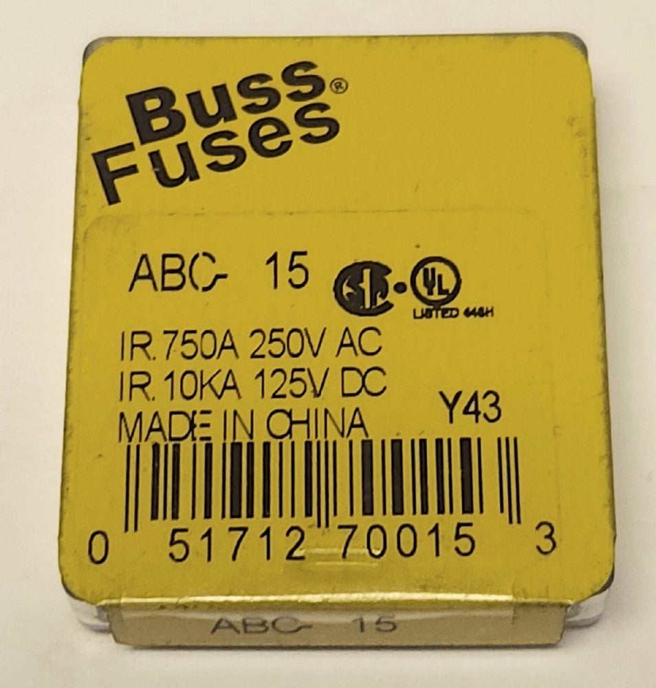 BOX OF 5 BUSS FUSES ABC 15 Ceramic Fuse 250 VAC 125 VDC ABC-15