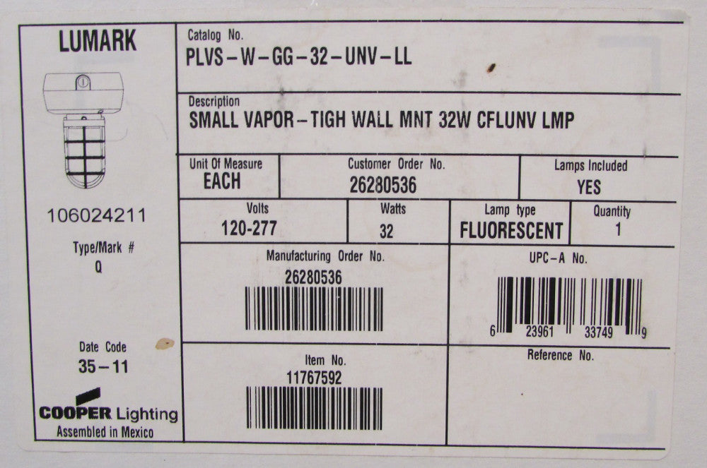 LUMARK COOPER PLVS W GG 32 UNV LL 120-277V 32W Light Fixture Small Vapor Wall