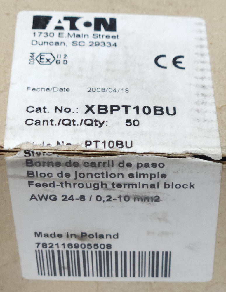 BOX OF 50 EATON XBPT10BU Feed Through Terminal Block BLUE AWG 24-6 0.2-10 MM2 PT