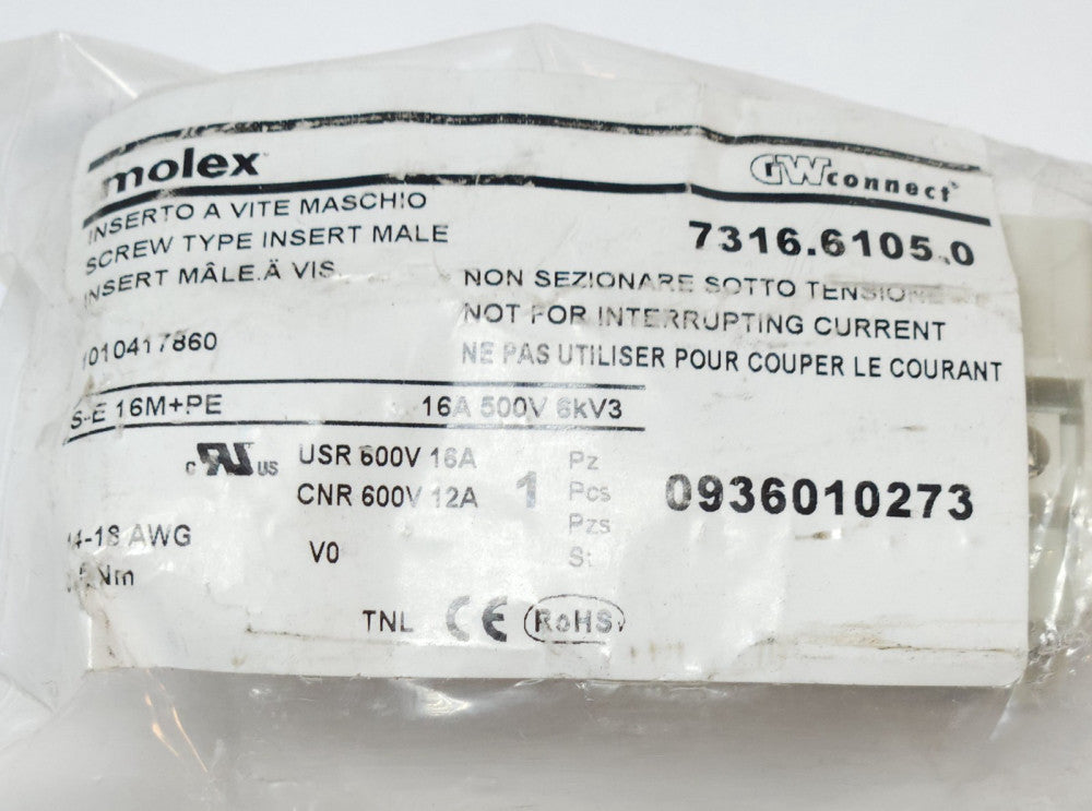 MOLEX 7316 6105 0 16 Pin Male Connector 14-18 AWG/0.5NM 16A 500V 6KV3