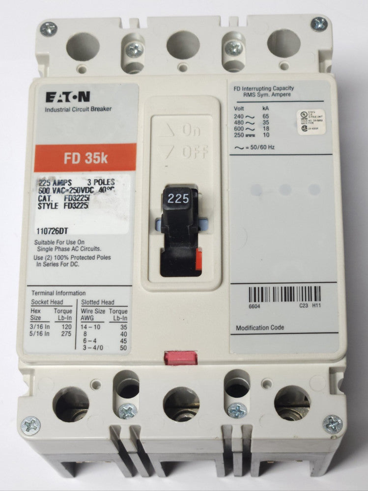 EATON CUTLER HAMMER FD3225 3 Pole 225 AMP Type FD Circuit Breaker