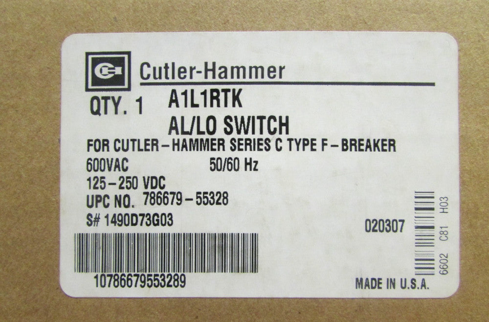 CUTLER HAMMER A1L1RTK F Frame Breaker AL LO Auxiliary Alarm Switch 1490D73G03