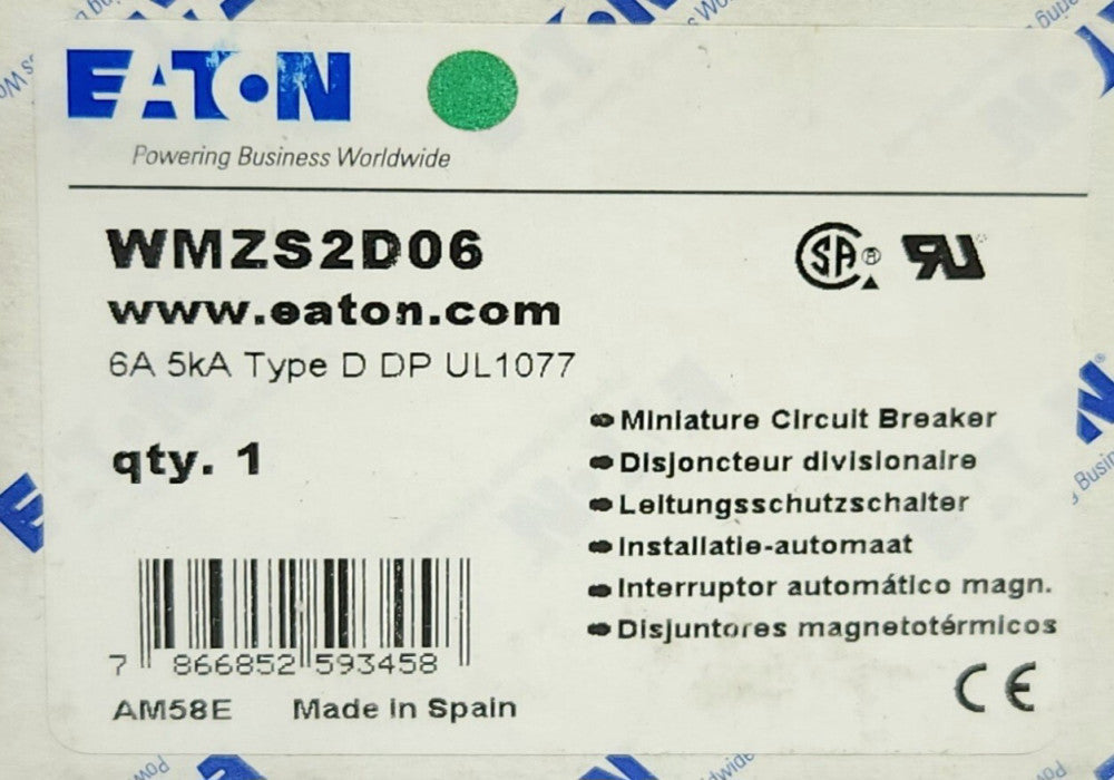 EATON MOELLER WMZS2D06 2 Pole 6 AMP 480Y/277 VAC 5kA Miniature Circuit Breaker