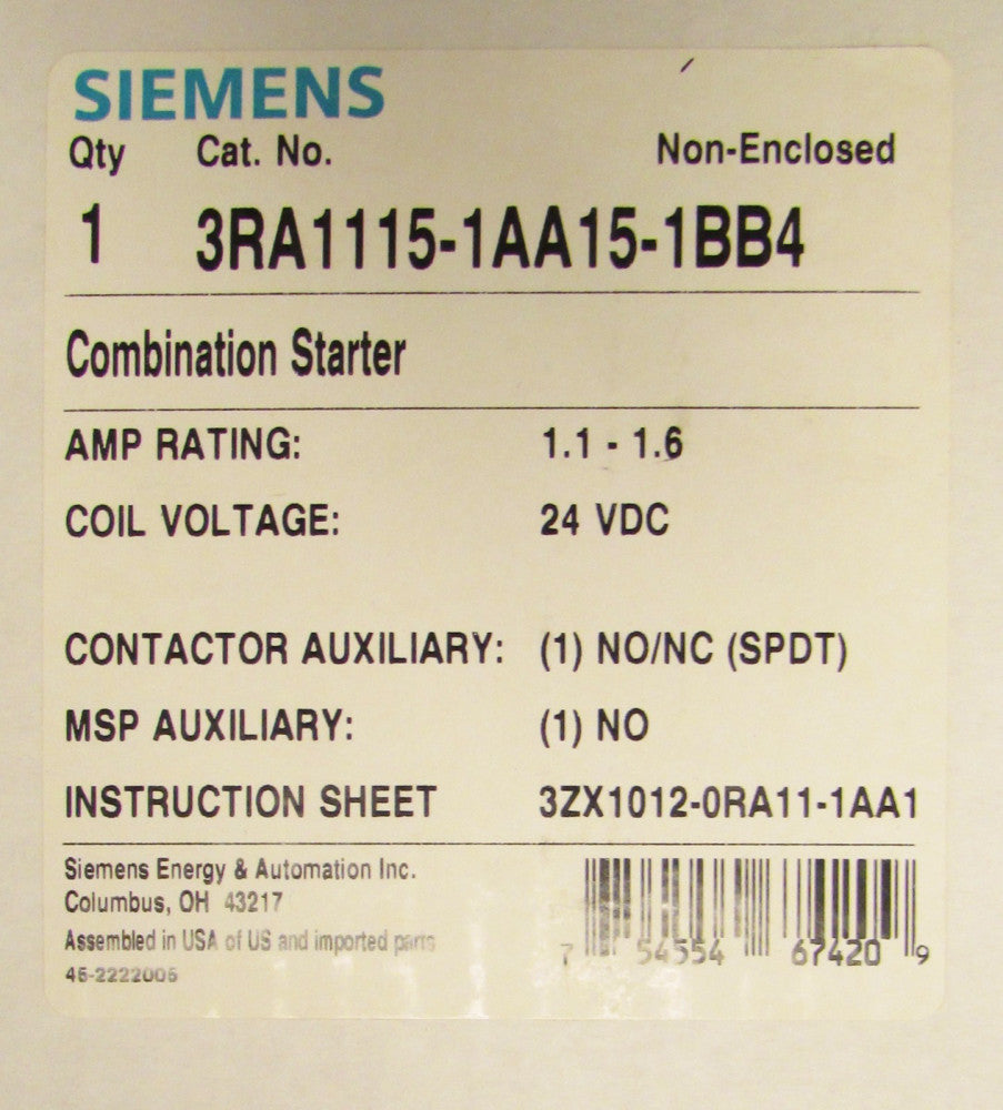 SIEMENS Combination Starter 1.1-1.6 Amp 24 VDC 3RA1115 1AA15 1BB4