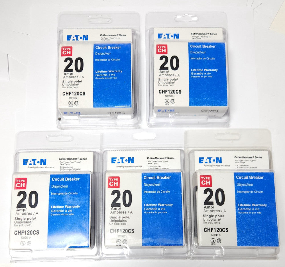 LOT OF 5 EATON CUTLER HAMMER CHF120CS CHF120 Single Pole 20 AMP Type CH Circuit