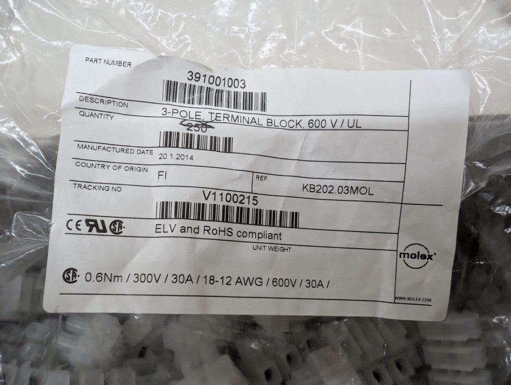 New, Molex, 39100-1003, CONN TERM STRIP 3CIRC 0.394 INCH - Lot of 25pcs