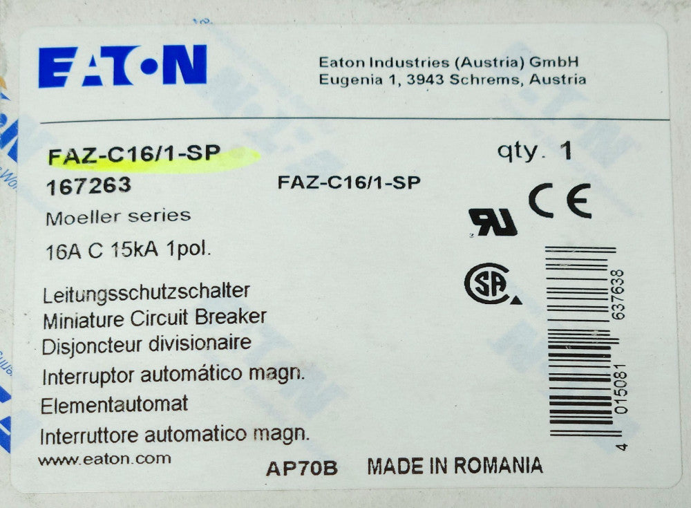 EATON FAZ C16 1 SP Single Pole 16 AMP XEFFECT Miniature Circuit Breaker FAZ C16