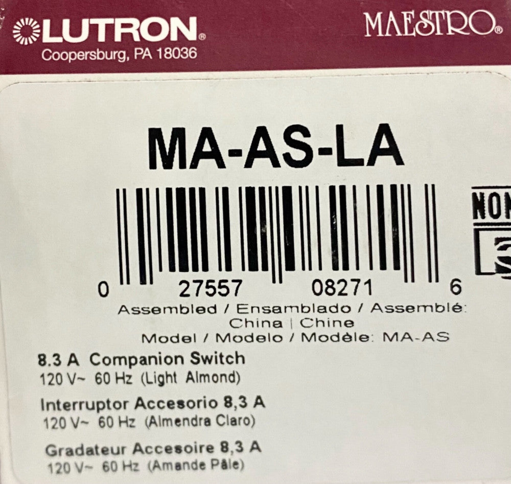 LUTRON MAESTRO MA AS LA 8.3 AMP Companion Switch 120 VAC