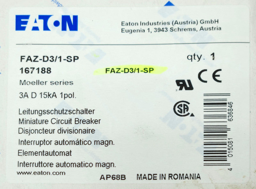 EATON FAZ D31 1 SP Single Pole 3 AMP XEFFECT Miniature Circuit Breaker FAZ D31 1