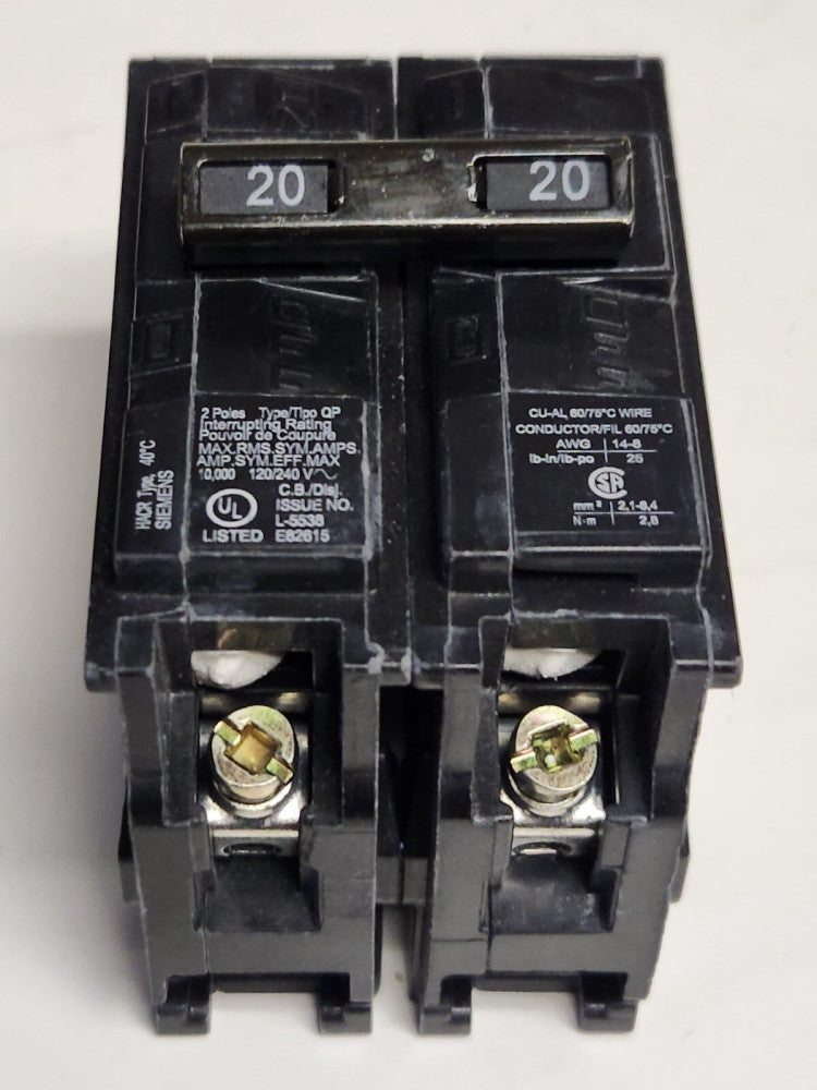 SIEMENS Q220 2 Pole 20 AMP Type QP Plug IN Circuit Breaker 120 240 VAC