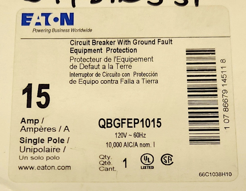 EATON QBGFEP1015 Single Pole 15 AMP QBFEP Ground Fault Circuit Breaker Equipment
