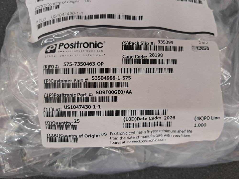 New, Positronic, SD9F00GE0/AA, D-Sub Standard Connectors D-Sub Female Connector