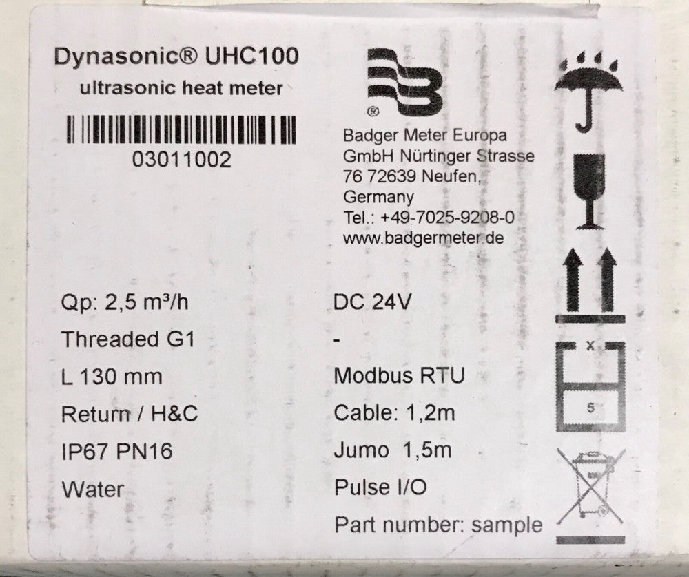 DYNASONIC UHC100 24VDC Ultrasonic Heat Meter Threaded G1 L130 mm Water Badger LT
