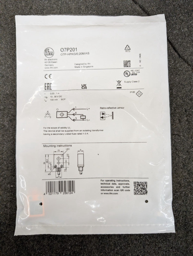 New, IFM, O7P201, RETRO-REFLECTIVE SENSOR, RED LIGHT