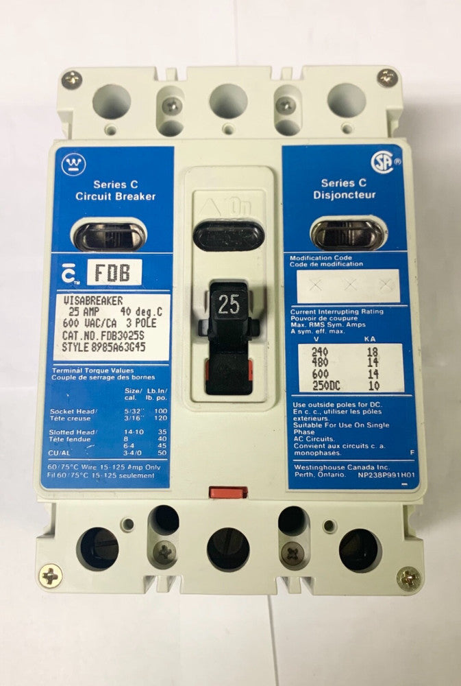 WESTINGHOUSE CUTLER HAMMER FDB3025S 3 Pole 25 AMP Type FDB VISABREAKER